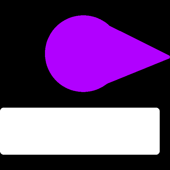 A round purple shape with a point to the right above a white horizontal rectangle.